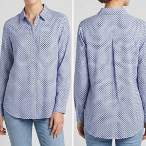 Grand & Greene Roll Sleeves Blue Pattern Button Front Collared Top Large